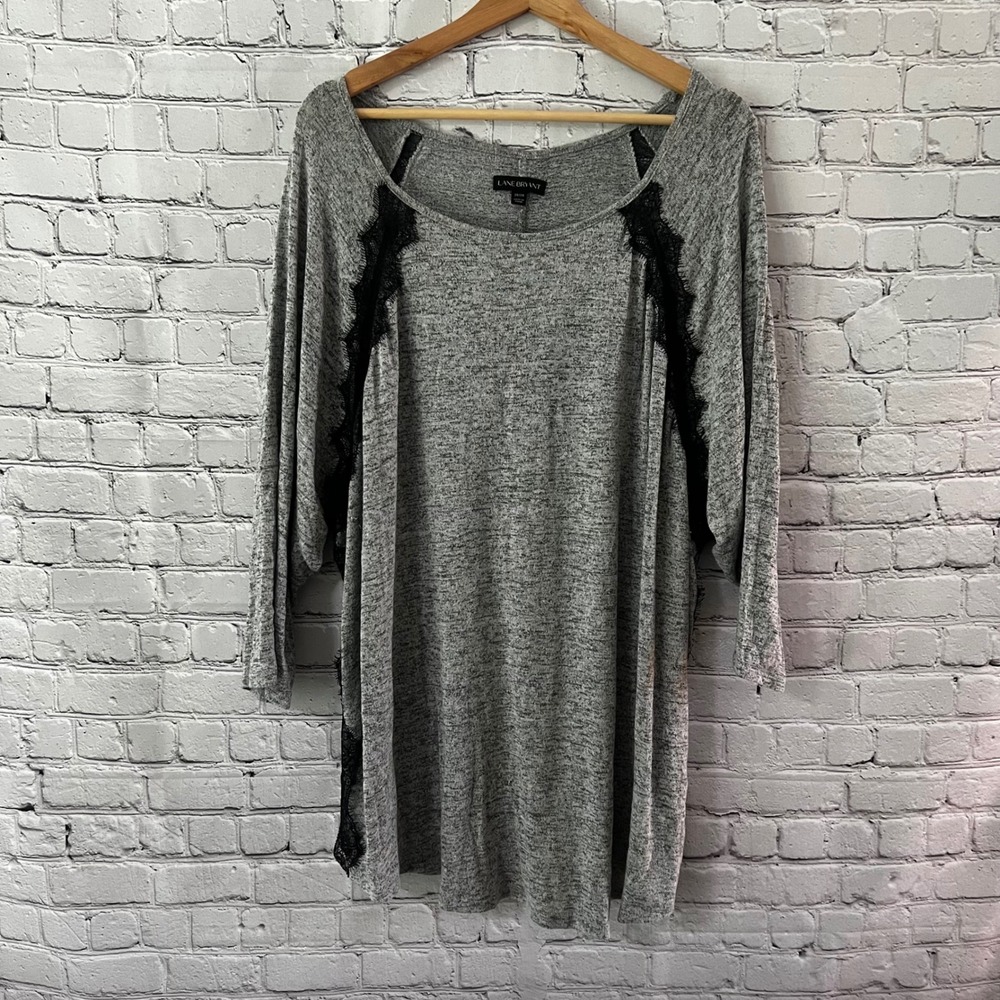 Lane Bryant Women's Size 26/28 Gray Marl Knit Lace Trim Career Sweater Blouse